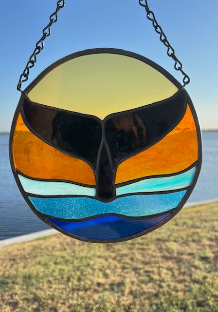 Whale Suncatcher - Stained Glass Whale Tail Emerging from Water