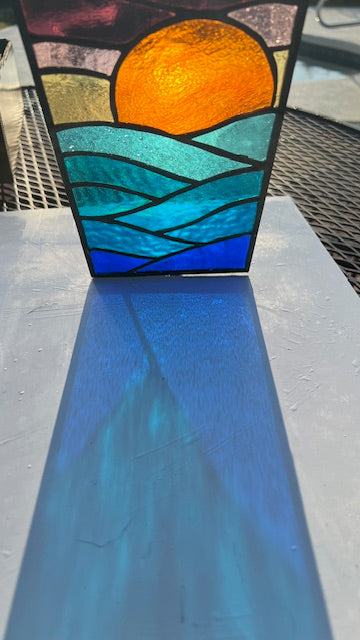 Stained Glass Sunset Over Ocean Panel – Colorful Coastal Suncatcher – Handmade Beach Scene Window Hanging