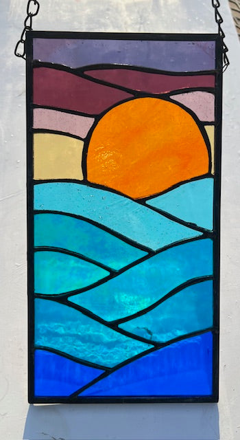 Stained Glass Sunset Over Ocean Panel – Colorful Coastal Suncatcher – Handmade Beach Scene Window Hanging