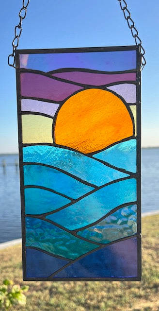 Stained Glass Sunset Over Ocean Panel – Colorful Coastal Suncatcher – Handmade Beach Scene Window Hanging