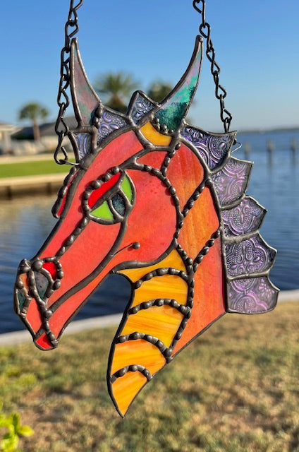 Handcrafted Stained Glass Dragon Suncatcher – Bold Red &amp; Orange Fantasy Art, Window Hanging Deco