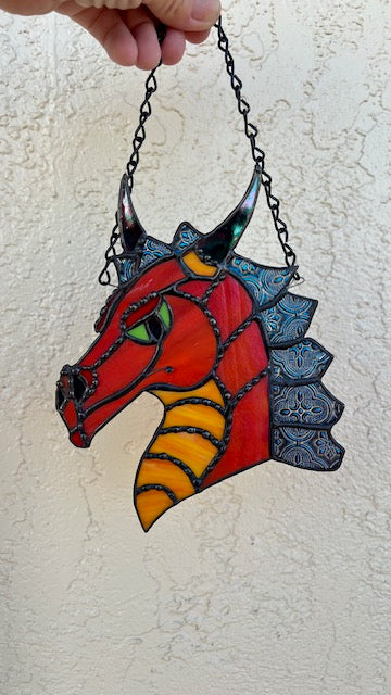 Handcrafted Stained Glass Dragon Suncatcher – Bold Red &amp; Orange Fantasy Art, Window Hanging Deco
