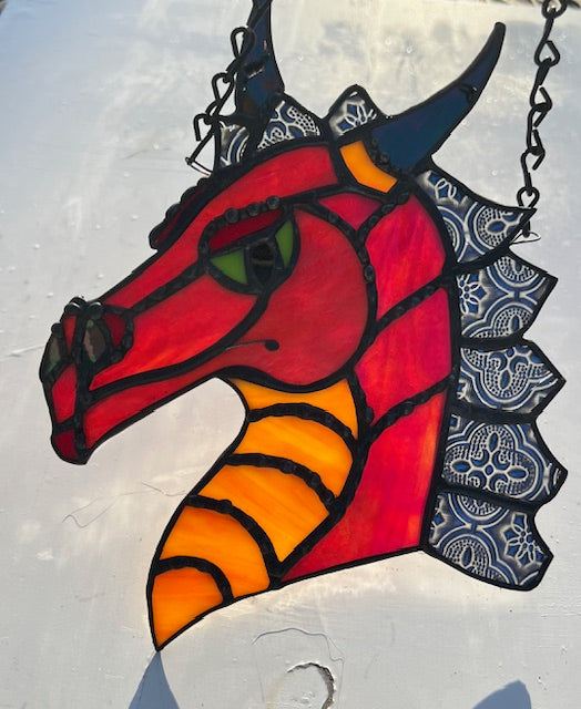 Handcrafted Stained Glass Dragon Suncatcher – Bold Red &amp; Orange Fantasy Art, Window Hanging Deco