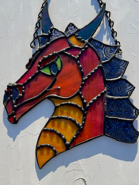Handcrafted Stained Glass Dragon Suncatcher – Bold Red &amp; Orange Fantasy Art, Window Hanging Deco