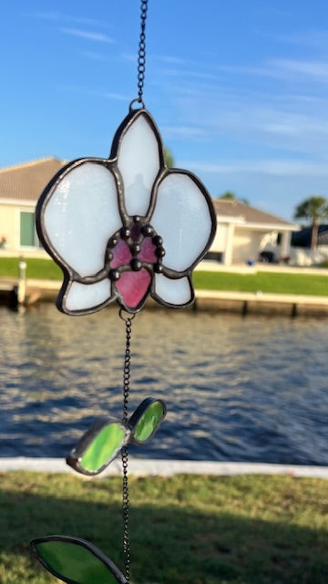 Stained Glass White Orchid Suncatcher – Pink Center Flower, Black Chain Movement Leaves, Black Patina, Handmade USA Botanical Window Art
