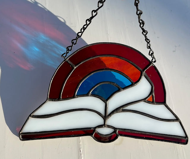 Dyslexia Awareness Stained Glass Suncatcher – Red Book & Rainbow Window Hanging, Black Patina Finish, Handmade Glass Art