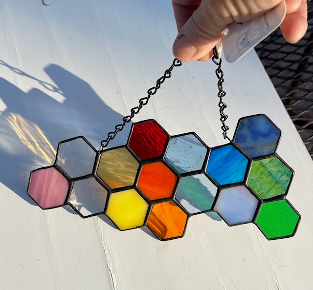 Rainbow Stained Glass Honeycomb Suncatcher – Colorful Hexagon Window Hanging, Black Patina Finish, Handmade Glass Art