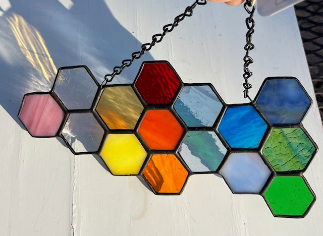 Rainbow Stained Glass Honeycomb Suncatcher – Colorful Hexagon Window Hanging, Black Patina Finish, Handmade Glass Art