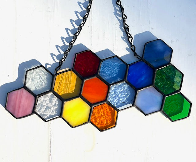 Rainbow Stained Glass Honeycomb Suncatcher – Colorful Hexagon Window Hanging, Black Patina Finish, Handmade Glass Art