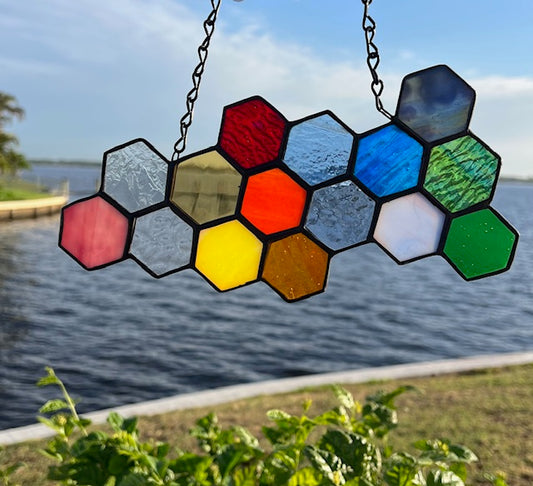 Rainbow Stained Glass Honeycomb Suncatcher – Colorful Hexagon Window Hanging, Black Patina Finish, Handmade Glass Art