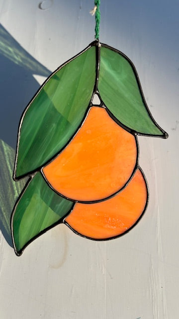 Stained Glass Orange Suncatcher with Green Leaves - Citrus Window Hanging - Handmade Fruit Decor - Black Patina & Satin Ribbon