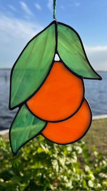 Stained Glass Orange Suncatcher with Green Leaves - Citrus Window Hanging - Handmade Fruit Decor - Black Patina & Satin Ribbon