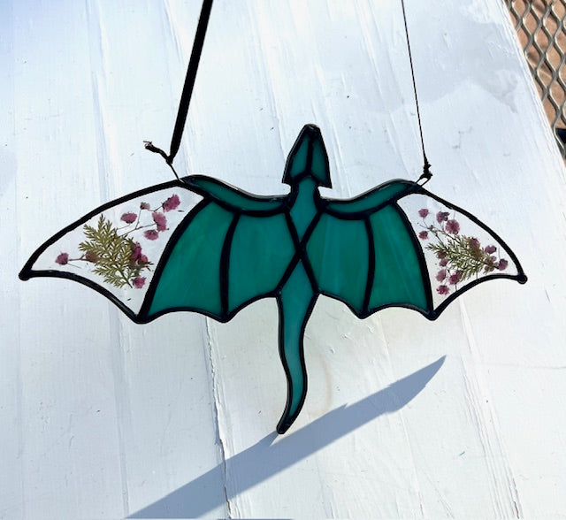 Teal Dragon Stained Glass Suncatcher with Pressed Flower Wings | Handmade Fantasy Window Art | Black Patina & Silk Hanging Cord