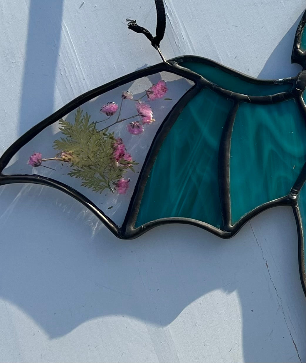 Teal Dragon Stained Glass Suncatcher with Pressed Flower Wings | Handmade Fantasy Window Art | Black Patina & Silk Hanging Cord