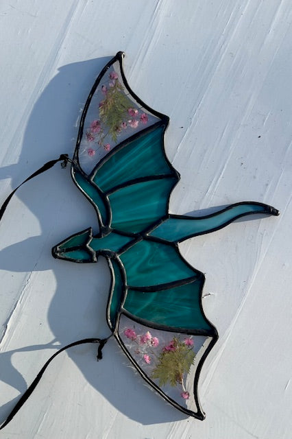 Teal Dragon Stained Glass Suncatcher with Pressed Flower Wings | Handmade Fantasy Window Art | Black Patina & Silk Hanging Cord