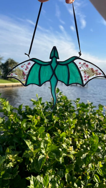 Teal Dragon Stained Glass Suncatcher with Pressed Flower Wings | Handmade Fantasy Window Art | Black Patina & Silk Hanging Cord