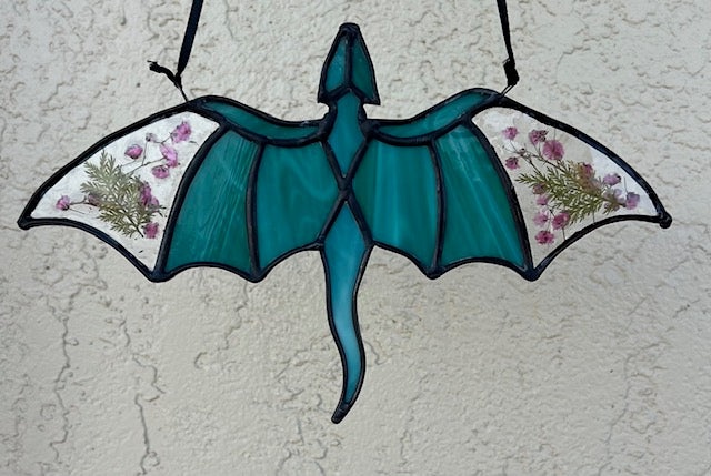 Teal Dragon Stained Glass Suncatcher with Pressed Flower Wings | Handmade Fantasy Window Art | Black Patina & Silk Hanging Cord
