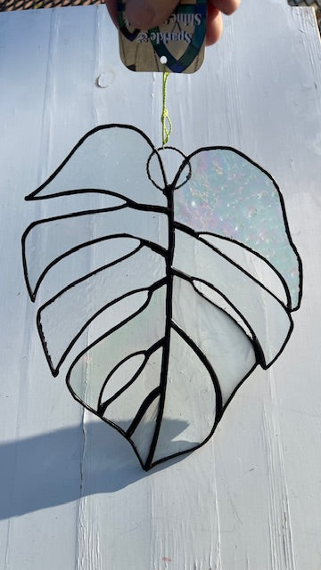 Clear Textured Stained Glass Monstera Leaf Suncatcher – Neutral Tropical Window Hanging, Black Patina Finish, Handmade Glass Art