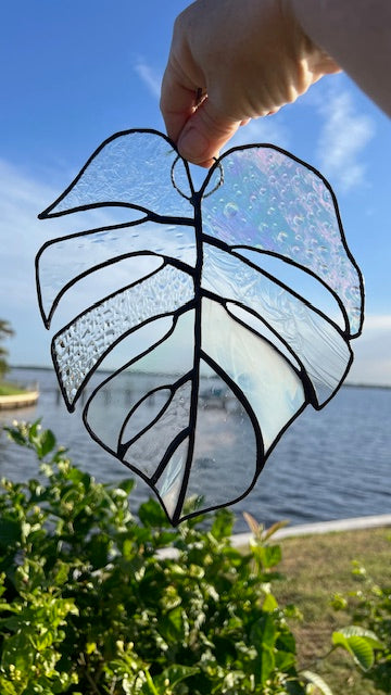Clear Textured Stained Glass Monstera Leaf Suncatcher – Neutral Tropical Window Hanging, Black Patina Finish, Handmade Glass Art