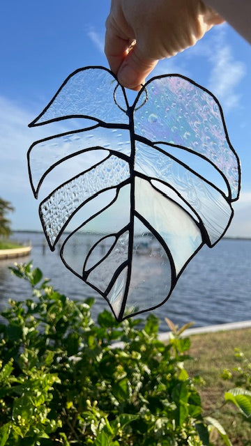 Clear Textured Stained Glass Monstera Leaf Suncatcher – Neutral Tropical Window Hanging, Black Patina Finish, Handmade Glass Art