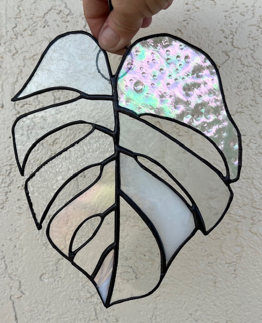 Clear Textured Stained Glass Monstera Leaf Suncatcher – Neutral Tropical Window Hanging, Black Patina Finish, Handmade Glass Art