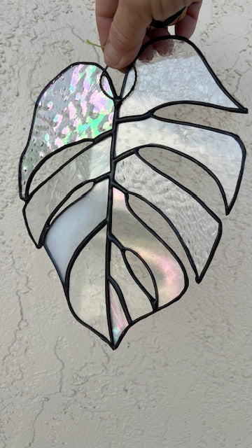 Clear Textured Stained Glass Monstera Leaf Suncatcher – Neutral Tropical Window Hanging, Black Patina Finish, Handmade Glass Art