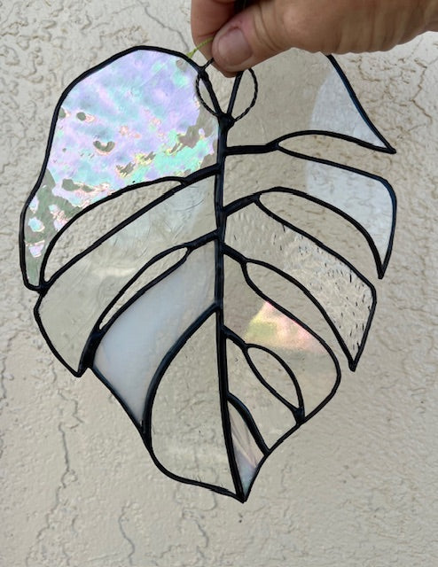 Clear Textured Stained Glass Monstera Leaf Suncatcher – Neutral Tropical Window Hanging, Black Patina Finish, Handmade Glass Art