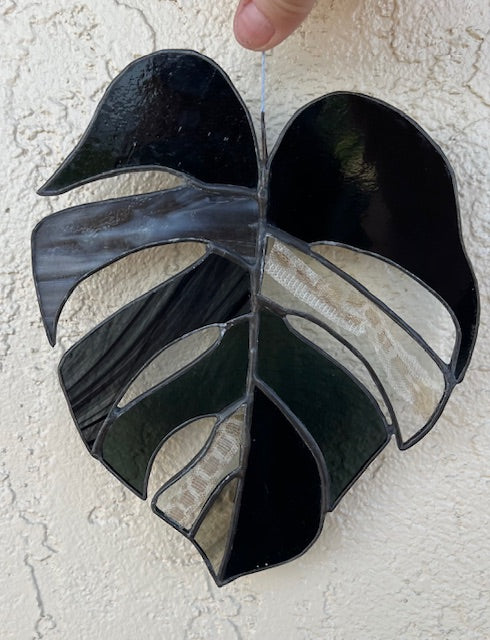 Black Stained Glass Monstera Leaf Suncatcher with Snakeskin Detail – Textured Dark Glass, Black Patina Finish, Handmade Window Hanging