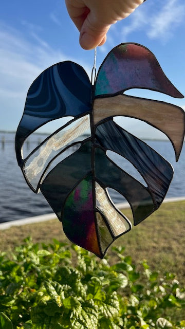 Black Stained Glass Monstera Leaf Suncatcher with Snakeskin Detail – Textured Dark Glass, Black Patina Finish, Handmade Window Hanging