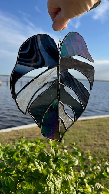 Black Stained Glass Monstera Leaf Suncatcher with Snakeskin Detail – Textured Dark Glass, Black Patina Finish, Handmade Window Hanging