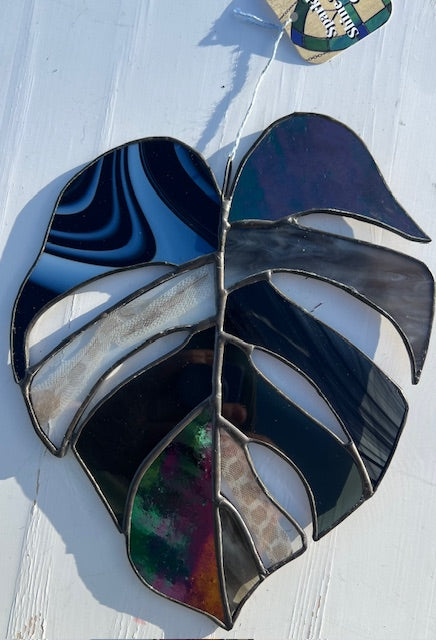 Black Stained Glass Monstera Leaf Suncatcher with Snakeskin Detail – Textured Dark Glass, Black Patina Finish, Handmade Window Hanging