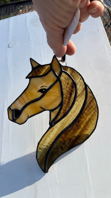 Brown Horse Stained Glass Suncatcher - Rustic Farm Decor -  Black Patina - Handmade USA Original