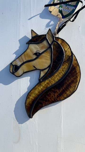 Brown Horse Stained Glass Suncatcher - Rustic Farm Decor -  Black Patina - Handmade USA Original