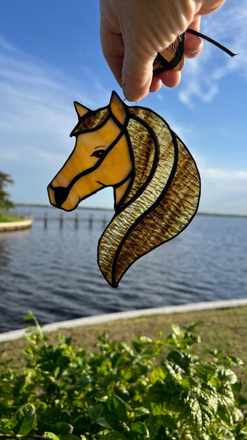 Brown Horse Stained Glass Suncatcher - Rustic Farm Decor -  Black Patina - Handmade USA Original