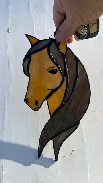 Filly Stained Glass Suncatcher - Brown Horse - Farmhouse Decor -  Black Patina - Handmade USA Original