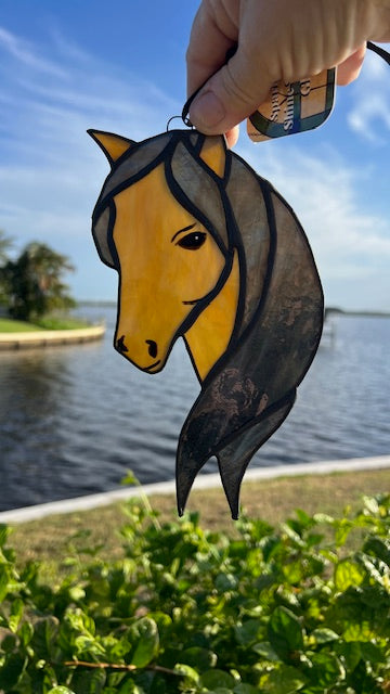 Filly Stained Glass Suncatcher - Brown Horse - Farmhouse Decor -  Black Patina - Handmade USA Original