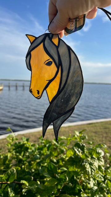 Filly Stained Glass Suncatcher - Brown Horse - Farmhouse Decor -  Black Patina - Handmade USA Original