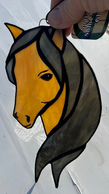 Filly Stained Glass Suncatcher - Brown Horse - Farmhouse Decor -  Black Patina - Handmade USA Original