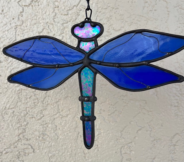 Cobalt Blue Stained Glass Dragonfly Suncatcher – Iridescent Body, Wire Detail Wings, Black Patina Finish, Handmade Window Hanging