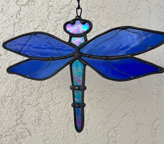 Cobalt Blue Stained Glass Dragonfly Suncatcher – Iridescent Body, Wire Detail Wings, Black Patina Finish, Handmade Window Hanging