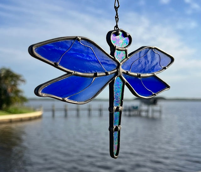 Cobalt Blue Stained Glass Dragonfly Suncatcher – Iridescent Body, Wire Detail Wings, Black Patina Finish, Handmade Window Hanging