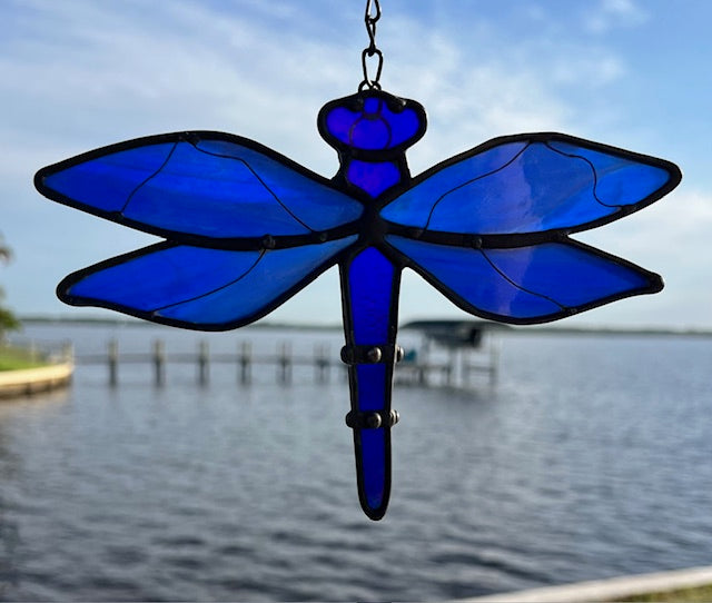 Cobalt Blue Stained Glass Dragonfly Suncatcher – Iridescent Body, Wire Detail Wings, Black Patina Finish, Handmade Window Hanging