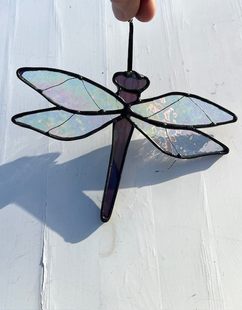 Iridescent Clear and Purple Dragonfly Suncatcher -  Wire Detail Wings, Black Patina Finish, Handmade Window Hanging