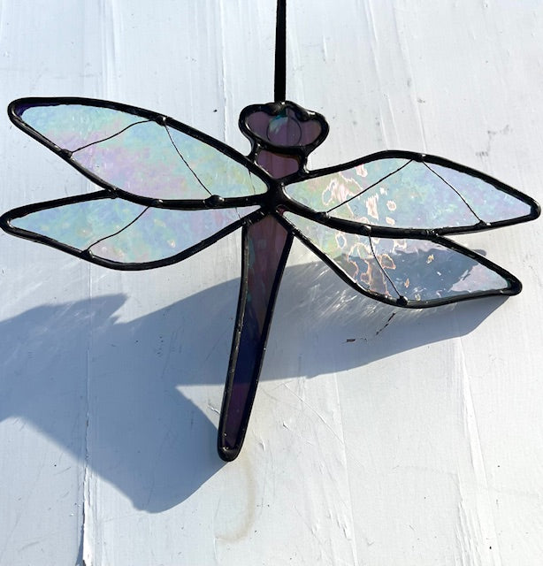 Iridescent Clear and Purple Dragonfly Suncatcher -  Wire Detail Wings, Black Patina Finish, Handmade Window Hanging