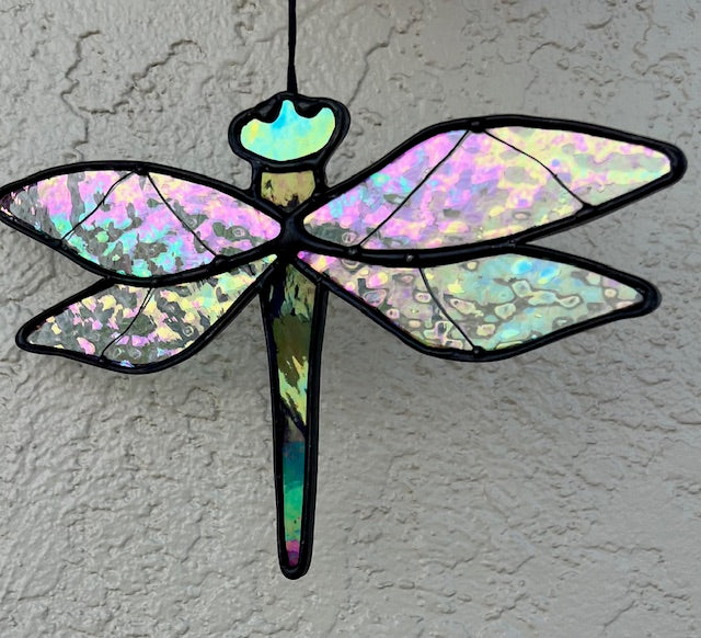 Iridescent Clear and Purple Dragonfly Suncatcher -  Wire Detail Wings, Black Patina Finish, Handmade Window Hanging