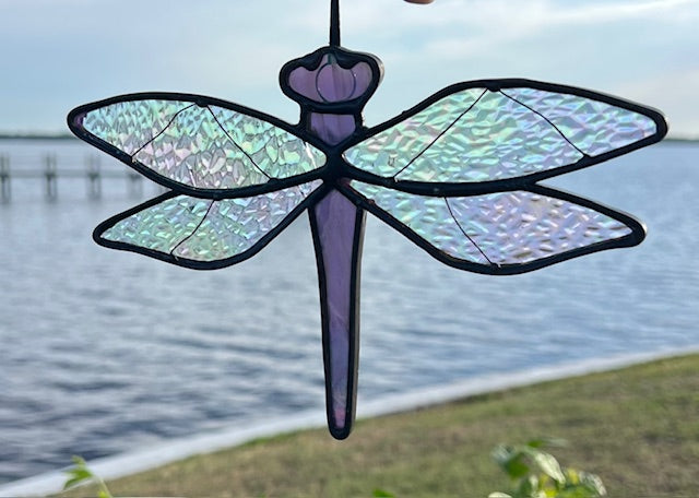 Iridescent Clear and Purple Dragonfly Suncatcher -  Wire Detail Wings, Black Patina Finish, Handmade Window Hanging