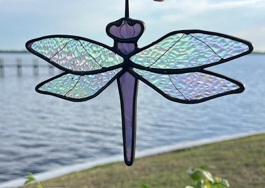 Iridescent Clear and Purple Dragonfly Suncatcher -  Wire Detail Wings, Black Patina Finish, Handmade Window Hanging