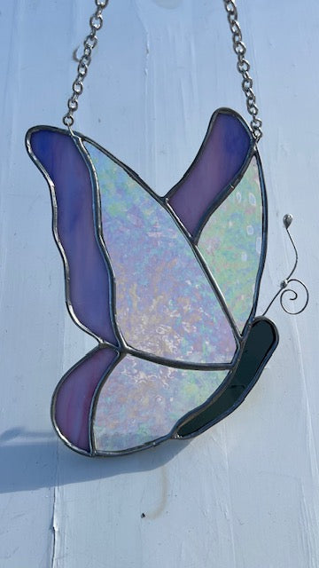 Iridescent Stained Glass Butterfly Suncatcher - Violet Framed Wings - Handmade Window Hanging - Silver Finish & Chain