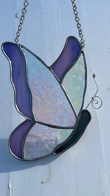 Iridescent Stained Glass Butterfly Suncatcher - Violet Framed Wings - Handmade Window Hanging - Silver Finish & Chain