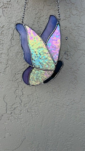 Iridescent Stained Glass Butterfly Suncatcher - Violet Framed Wings - Handmade Window Hanging - Silver Finish & Chain
